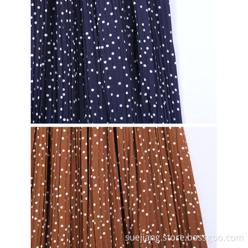 Printed Polka Dot Elastic Polyester Pleated Long Skirt